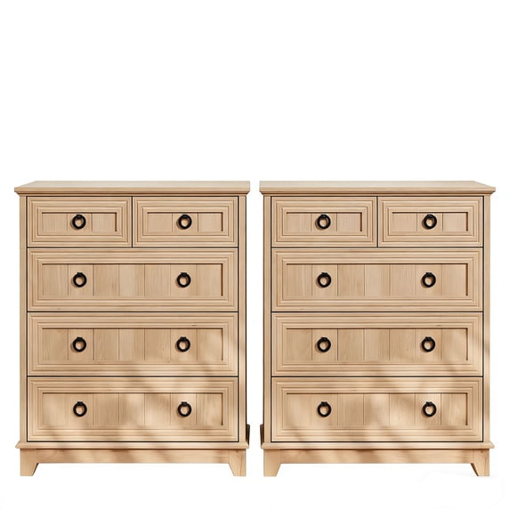 Joaxswe 33.2" Tall 5 Drawer Dresser for Bedroom Set of 2, Farmhouse Adult Storage Chest of Drawers for Living Room, Natural Oak