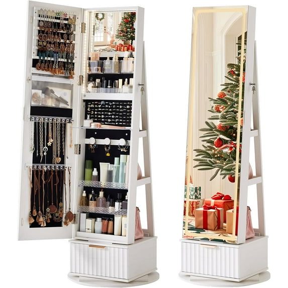 Joaxswe 360° Swivel Jewelry Cabinet with Full Length Mirror Modern Adult Accessory Armoire, Rustic White