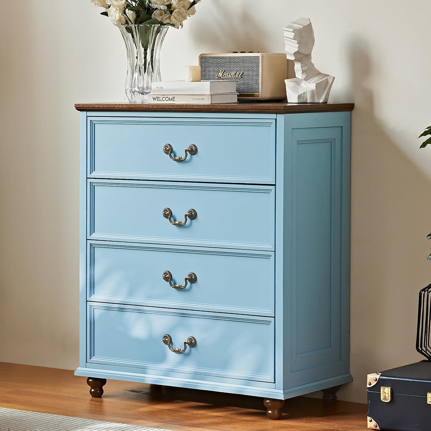 light blue dresser Worlds Away Rosie Curved Front Six Drawer Chest In Textured Light Blue Linen