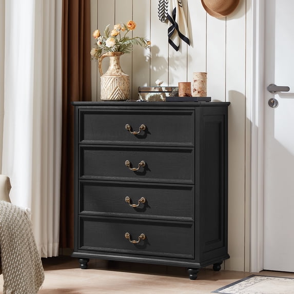 Joaxswe 4 Drawer Dresser with Antique Bronze Handles, Tall Wood Chest of Drawers Dressers for Bedroom, Living Room, Black