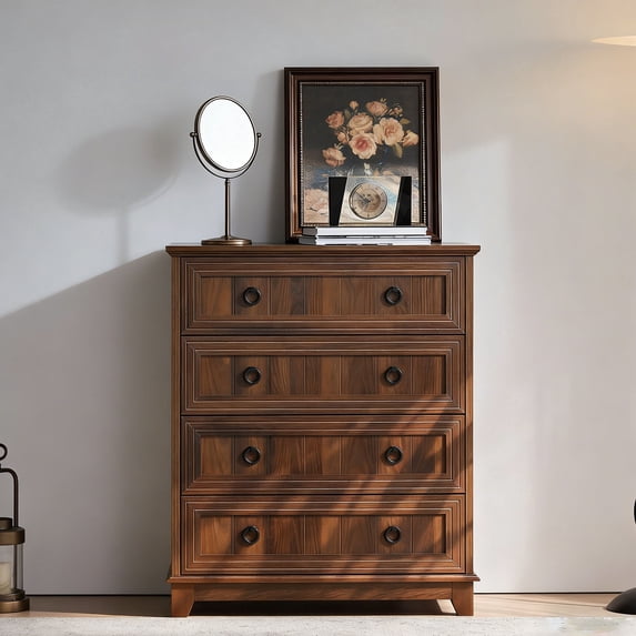 Joaxswe 4-Drawer Wood Chest of Drawers, Adult Vintage Storage Dresser with Black Handles for Bedroom, Living Room, Closet, Hallway, Brown