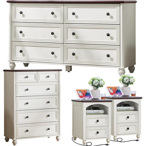 Joaxswe 4-Piece Bedroom Furniture Set, Nightstand with USB Charging & 3 Drawers, Tall 6-Drawer and Wide 6-Drawer Dresser with Anti-Tip Safety - White
