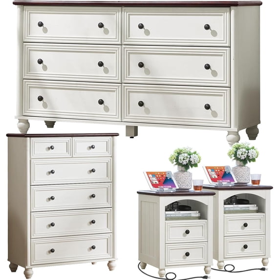 Joaxswe 4-Piece Bedroom Furniture Set, Nightstand with USB Charging & 3 Drawers, Tall 6-Drawer and Wide 6-Drawer Dresser with Anti-Tip Safety - White