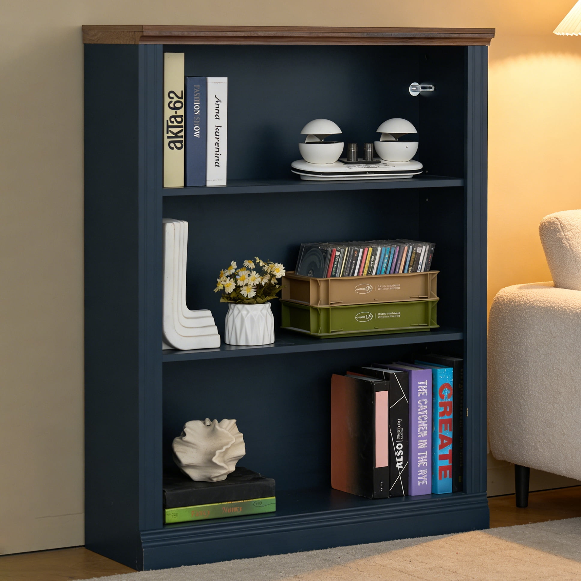 Joaxswe 43" Blue Tall Bookshelf, 3-Tier Thick Wood with Adjustable Shelves, Farmhouse Bookcase for Living Room, Office, Blue