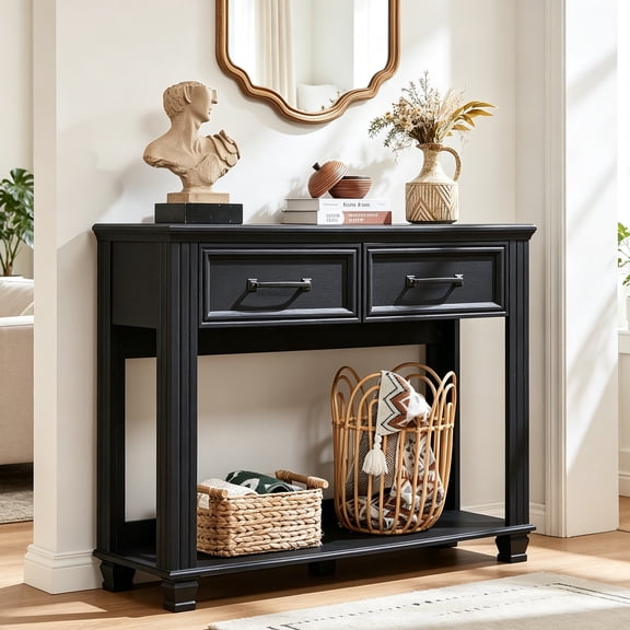 Joaxswe 46" Solid Wood Sideboard, Retro Style, Console Table with 2 Drawers, Wood Sofa Table for Living Room Dining Room Kitchen, Black