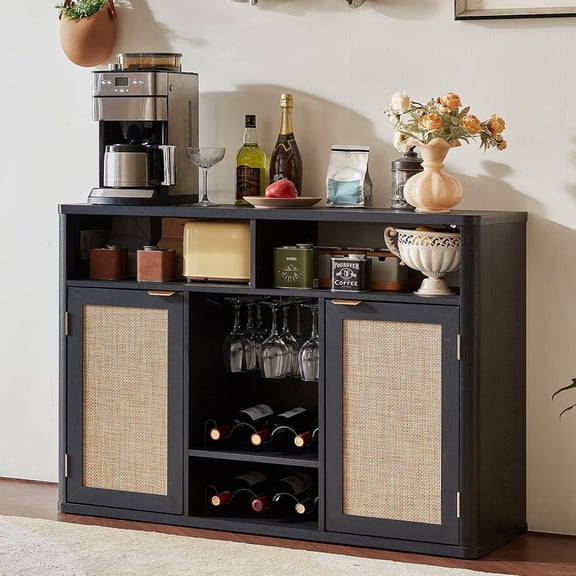 Joaxswe 47.2" Rattan Wine Cabinet with Doors, Boho Liquor Cabinet with Wine Racks, Farmhouse Coffee Bar Station for Dining Room, Kitchen, Black