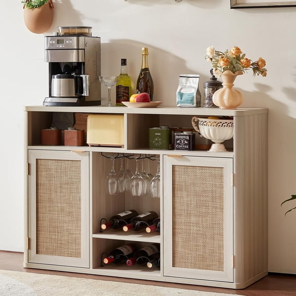 Joaxswe 47.2" Sideboards Buffets Cabinets with Doors, Boho Rattan Kitchen Storage Cabinets with Adjustable Shelves, Coffee Bar Station in Grey White