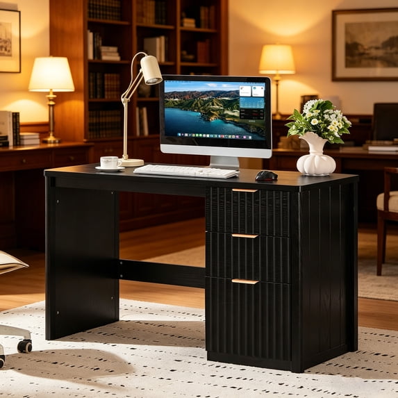 Joaxswe 48" Computer Desk with 3 Drawers, Fluted Wood Home Office Desk, Farmhouse PC Desk for Study, Bedroom, Black