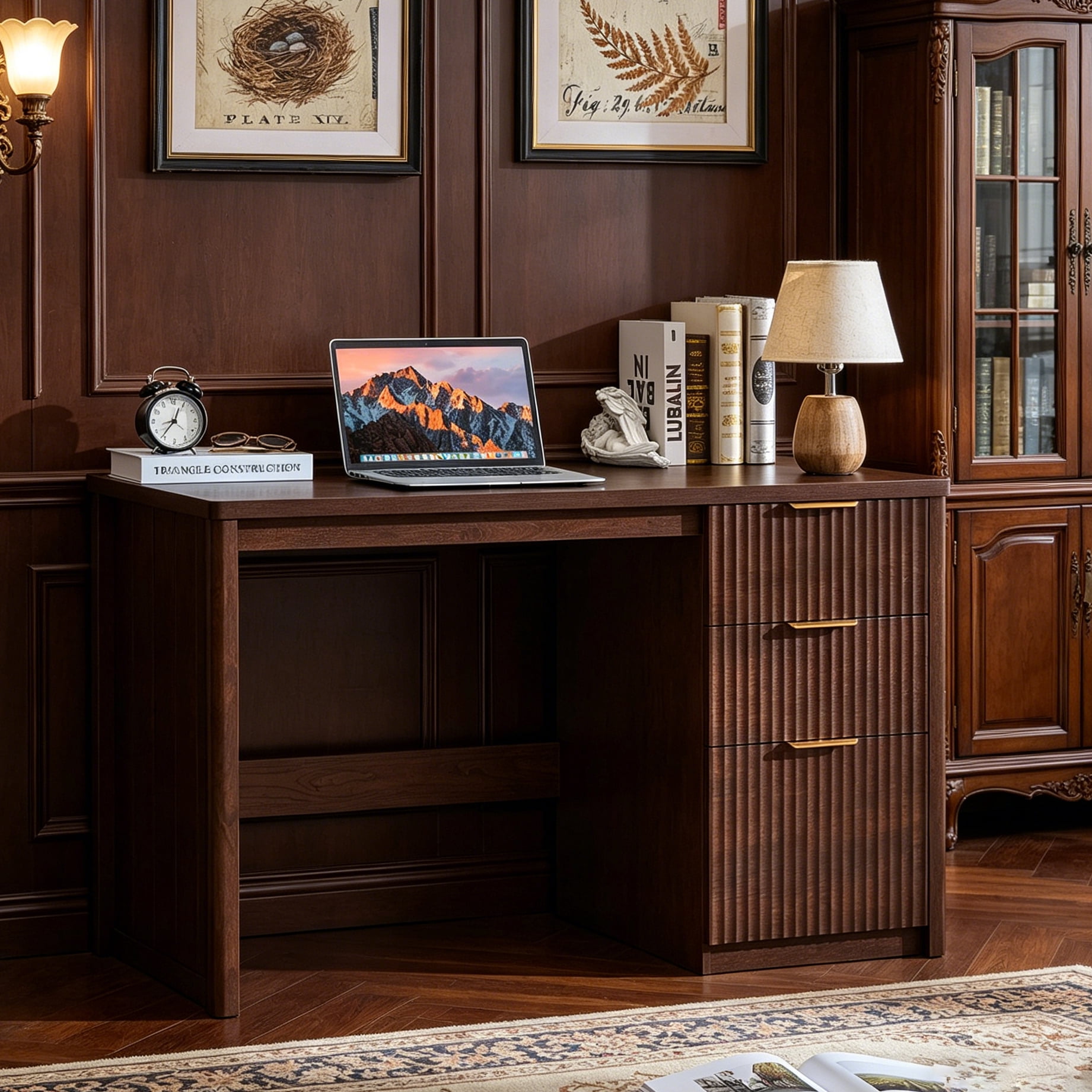 Joaxswe 48" Computer Desk with Drawer, Modern Home Office Desk with Storage Cabinet, Fluted PC Study Writing Desk for Office, Bedroom, Walnut