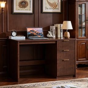 Joaxswe 48" Computer Desk with Drawer, Modern Home Office Desk with Storage Cabinet, Fluted PC Study Writing Desk for Office, Bedroom, Walnut