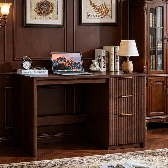 Joaxswe 48" Computer Desk with Drawer, Modern Home Office Desk with Storage Cabinet, Fluted PC Study Writing Desk for Office, Bedroom, Walnut