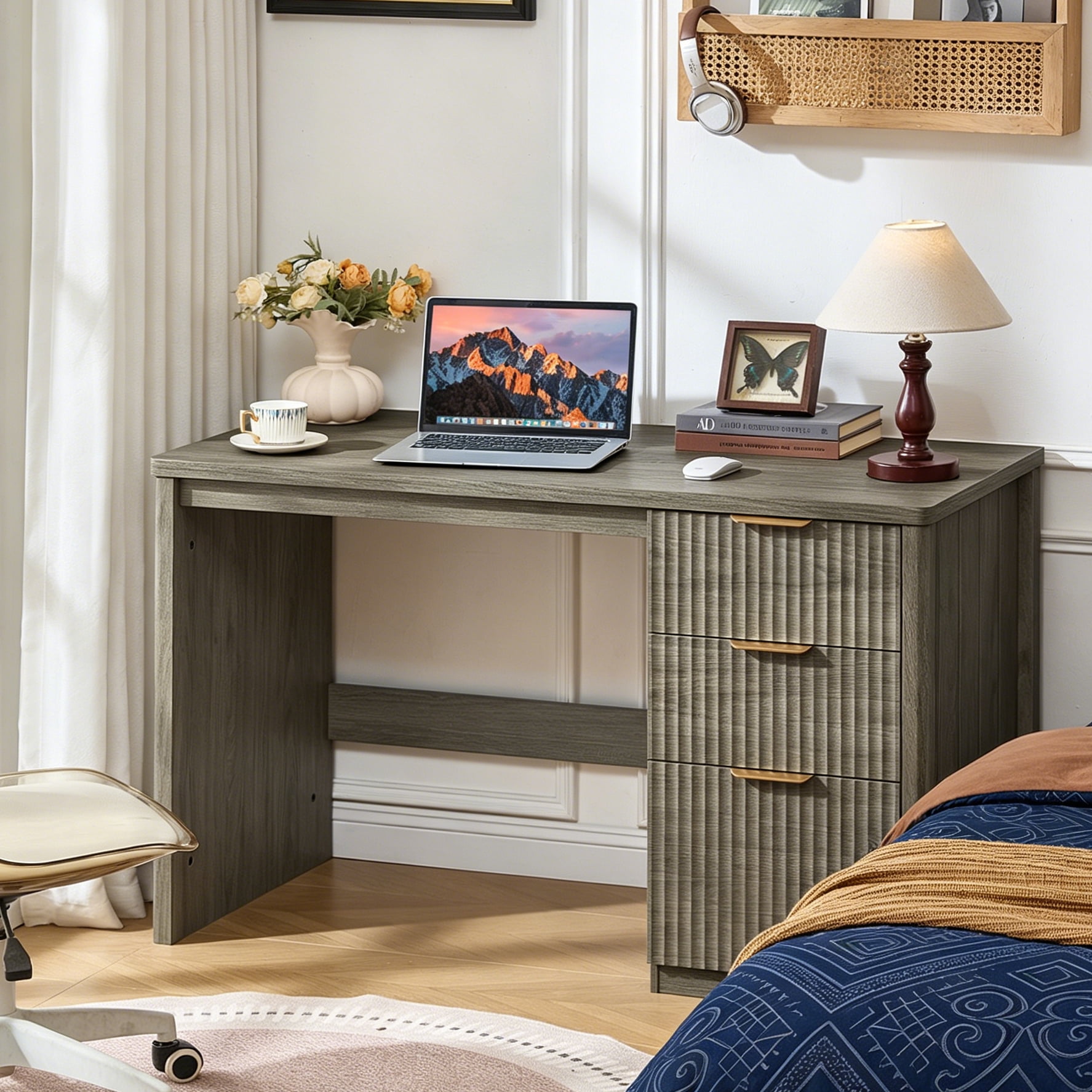 Joaxswe 48" Executive Desk, Modern Home Office Desk with 3 Drawers & Cabinet, Fluted Computer Writing Desk for Study, Living Room, Bedroom, Grey