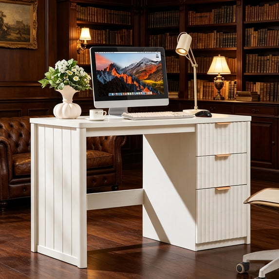 Joaxswe 48" Modern Fluted Executive Desk with Storage Cabinet & File Drawer, White Home Office Desk, Large Computer Table for Office, Study
