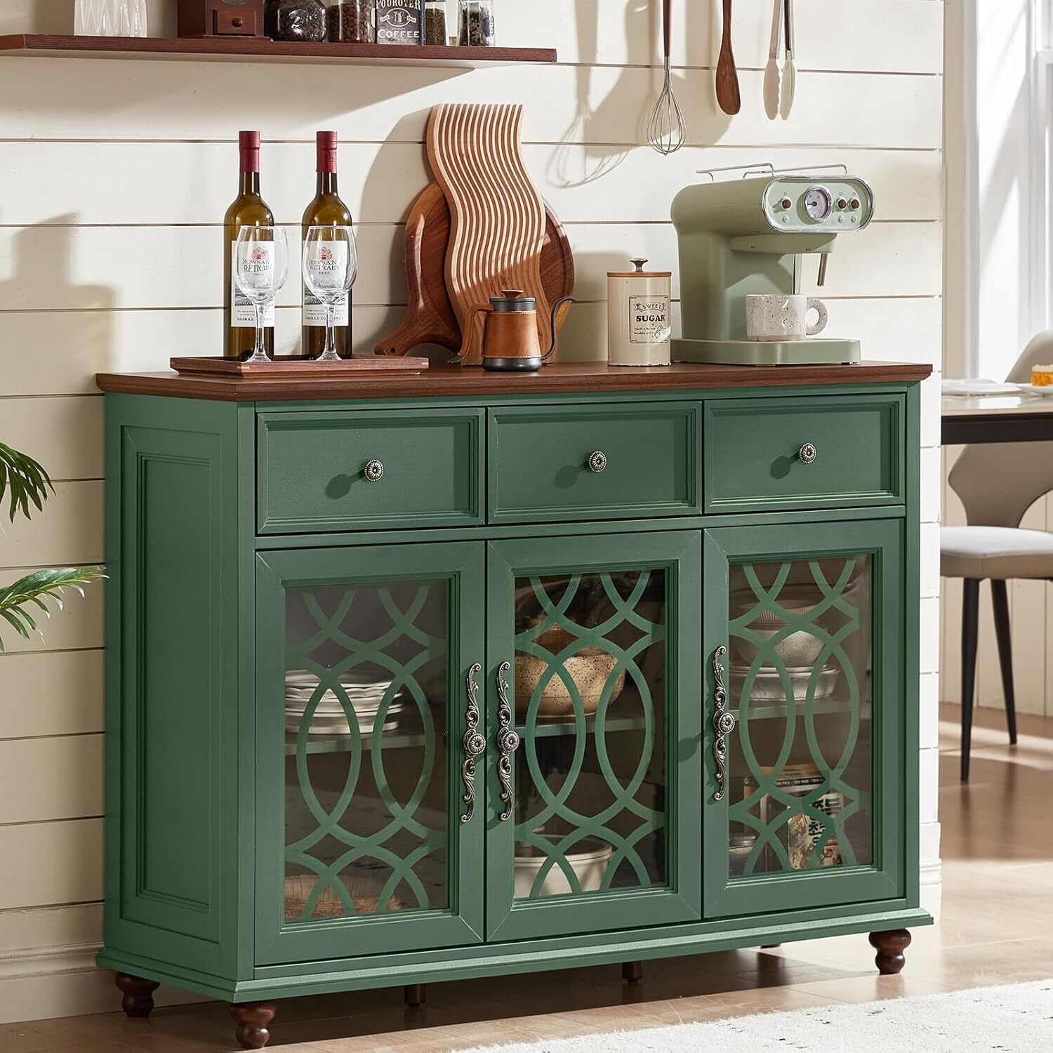 Joaxswe 48''Wide Buffet Credenzas, Large Dining Sideboard with 3 Drawers & Glass Doors, Wood Coffee Bar Cabinet, Green