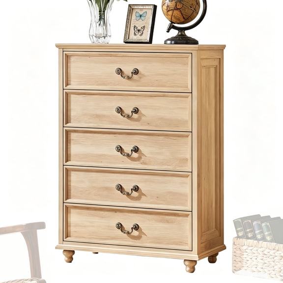 Joaxswe 5 Drawer Dresser, Tall Natural Oak Dresser for Bedroom, Vertical Dresser Drawer Unit Wood Organizer for Living Room Entryway Small Spaces
