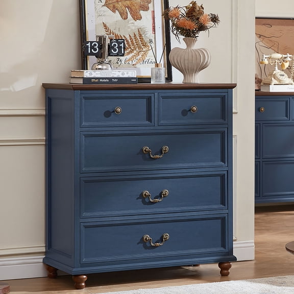 Joaxswe 5 Drawer Dresser for Bedroom, 35" Tall Wooden Dresser, Modern Storage Cabinet for Entryway, Hallway, Living Room, Navy