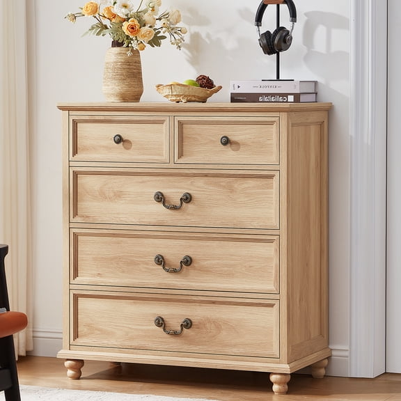 Joaxswe 5 Drawer Dresser for Bedroom, Rustic Chest of Drawers, Wood Storage Cabinet Organizer with Antique Bronze Round Handles for Bedroom, Entryway