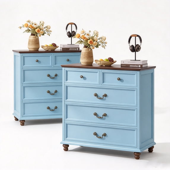 Joaxswe 5 Drawer Dresser for Bedroom Set of 2, Tall Farmhouse Wooden Chests for Entryway, Light Blue