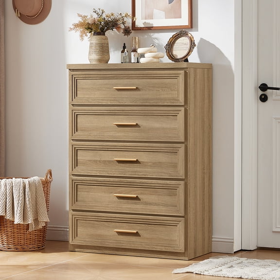 Joaxswe 5 Drawer Dresser for Bedroom, Wood Oak Dresser with Wide Drawers and Metal Handles, Modern Dresser Chest for Bedroom, Living Room, Entryway