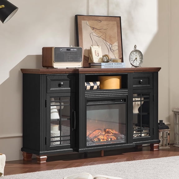 Joaxswe 52 inch TV Stand w/ Electric Fireplace, Rustic Media Entertainment Center w/Adjustable Shelves & Drawers, Black
