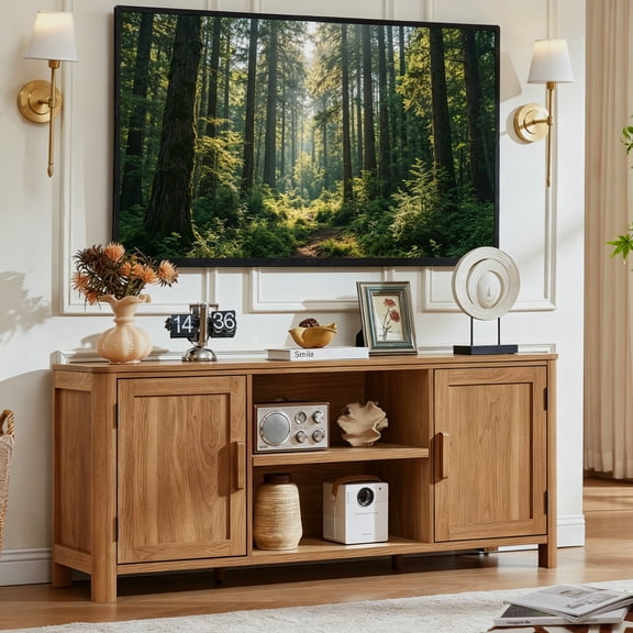 Joaxswe 55" Farmhouse Modern TV Stand for TVs up to 65 inches, Wood TV Stand with Storage, Entertainment Center for Living Room, TV Media Console