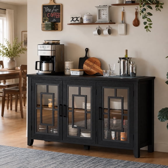 Joaxswe 55" Sideboard Buffet Cabinet with Storage, Kitchen Coffee Wine Bar Cabinet with 3 Glass Doors, Side Board Table for Dining Room, Black