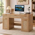 thumbnail image 1 of Joaxswe 56" Computer Desk, Boho Rattan Study Table with 3 Drawers & 2 Storage Cabinets, Rustic Farmhouse Work Desk for Office, Bedroom, Natural, 1 of 10