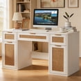 thumbnail image 1 of Joaxswe 56" Farmhouse Executive Desk with Drawers, Rattan Study Table with Adjustable Shelves, Boho Computer Desks for Bedroom, White, 1 of 7