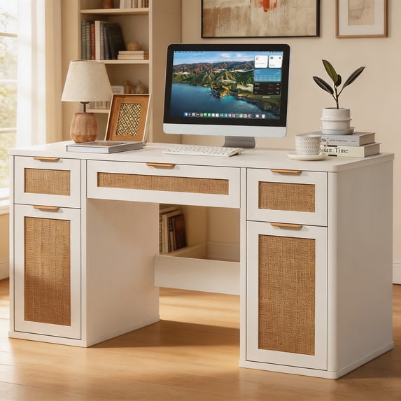 Joaxswe 56" Farmhouse Executive Desk with Drawers, Rattan Study Table with Adjustable Shelves, Boho Computer Desks for Bedroom, White