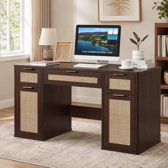 Joaxswe 56 Inch Office Desk with Drawers, Rattan Wood Work Study Desks, Farmhouse Computer Desks for Bedroom, Walnut