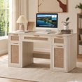 thumbnail image 1 of Joaxswe 56" Office Desk with File Cabinet, Rattan Wood Work Desks, Boho Study Table for Computer Office, Bedroom, Grey White, 1 of 7