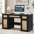 thumbnail image 1 of Joaxswe 56" Rattan Desk, Boho Wood Work Study Table with Drawers, Rustic Farmhouse Computer Table for Office, Bedroom, Black, 1 of 7