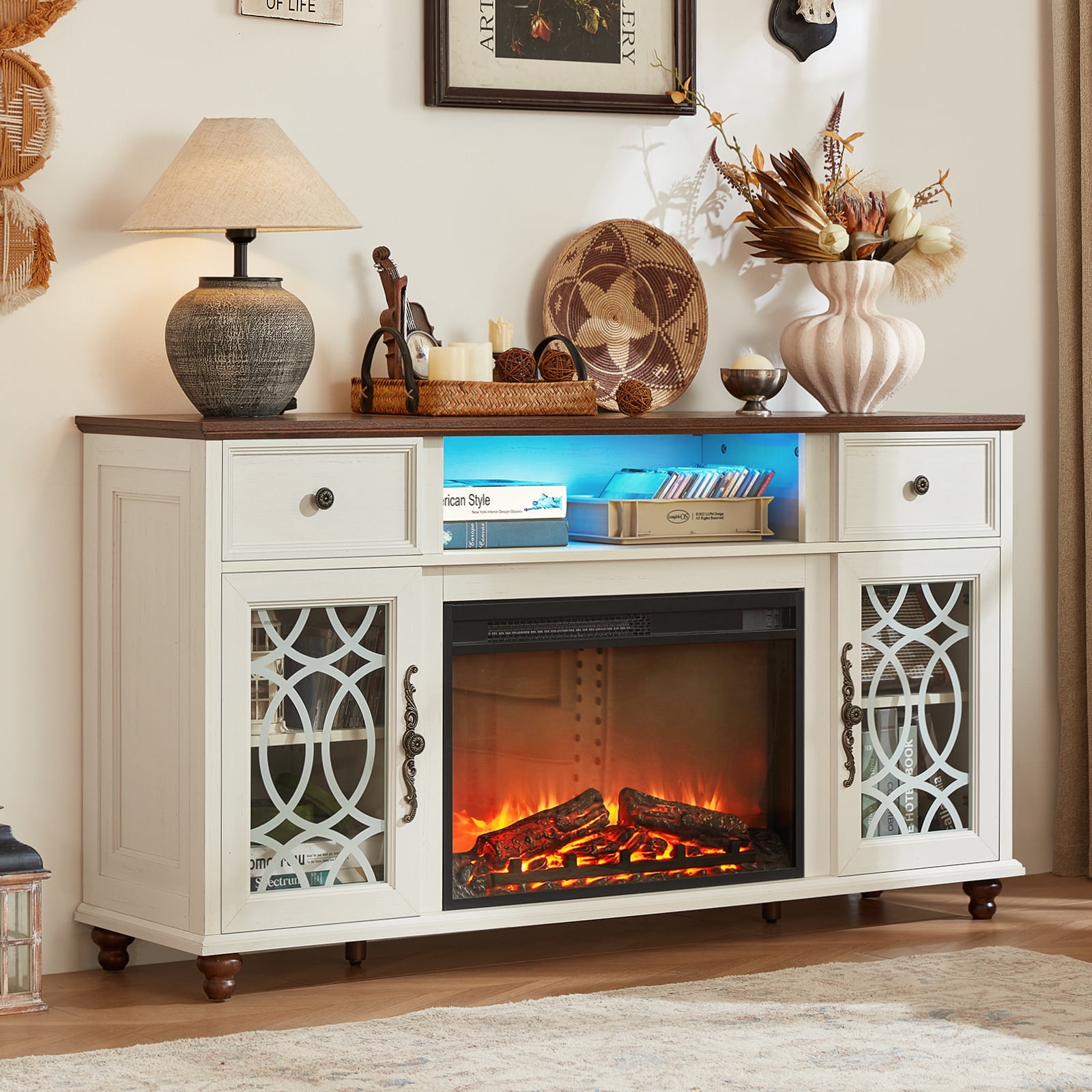 Joaxswe 59" Fireplace TV Stand with 26.1'' Fireplace Up to 65" TVs, Media TV Console with Glass Storage Cabinet Doors, White