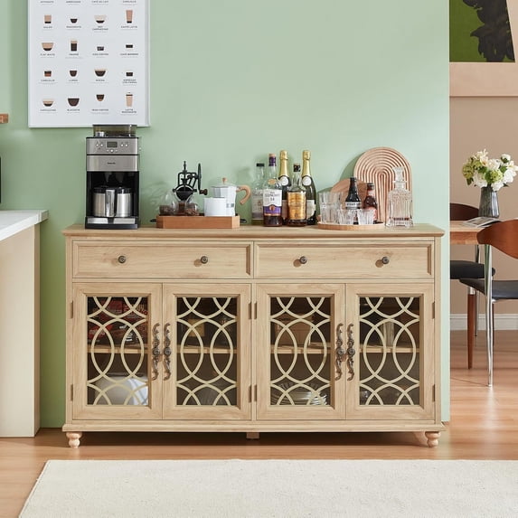 Joaxswe 59''W Farmhouse Kitchen Sideboard with 4 Doors 2 Drawers, Large Wood Storage Buffet Cabinet with Adjustable Shelves, Natural