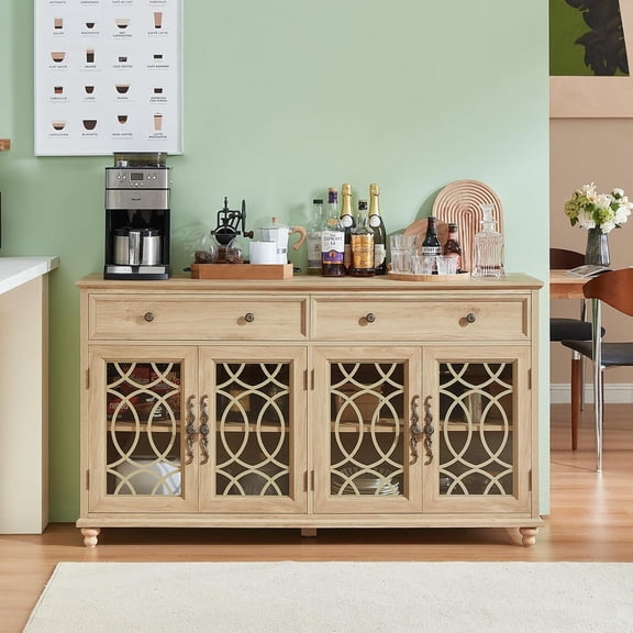 Joaxswe 59''W Farmhouse Kitchen Sideboard with 4 Doors 2 Drawers, Large Wood Storage Buffet Cabinet with Adjustable Shelves, Natural