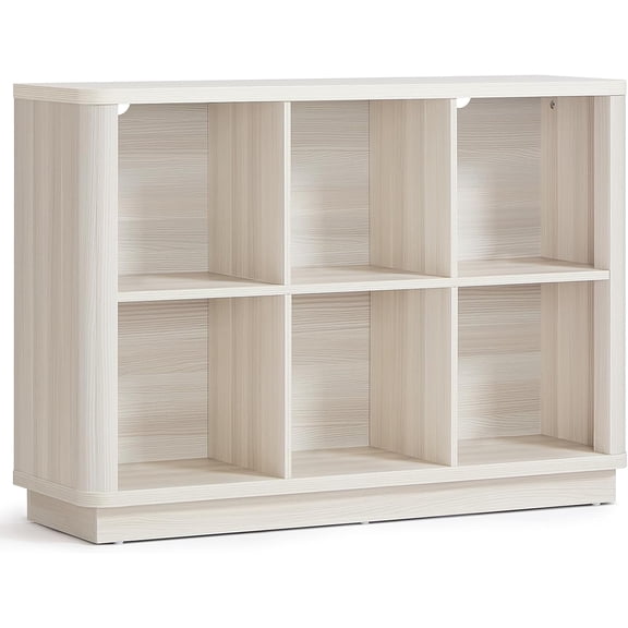 Joaxswe 6 Cube Bookcase, 40" Wide Horizontal 2-Tier Book Shelf w/Curved Edge, Wood Low Floor Standing Bookshelf with Base, Modern Short Storage Organizer for Living Room,Office, Gray-White Cream Oak