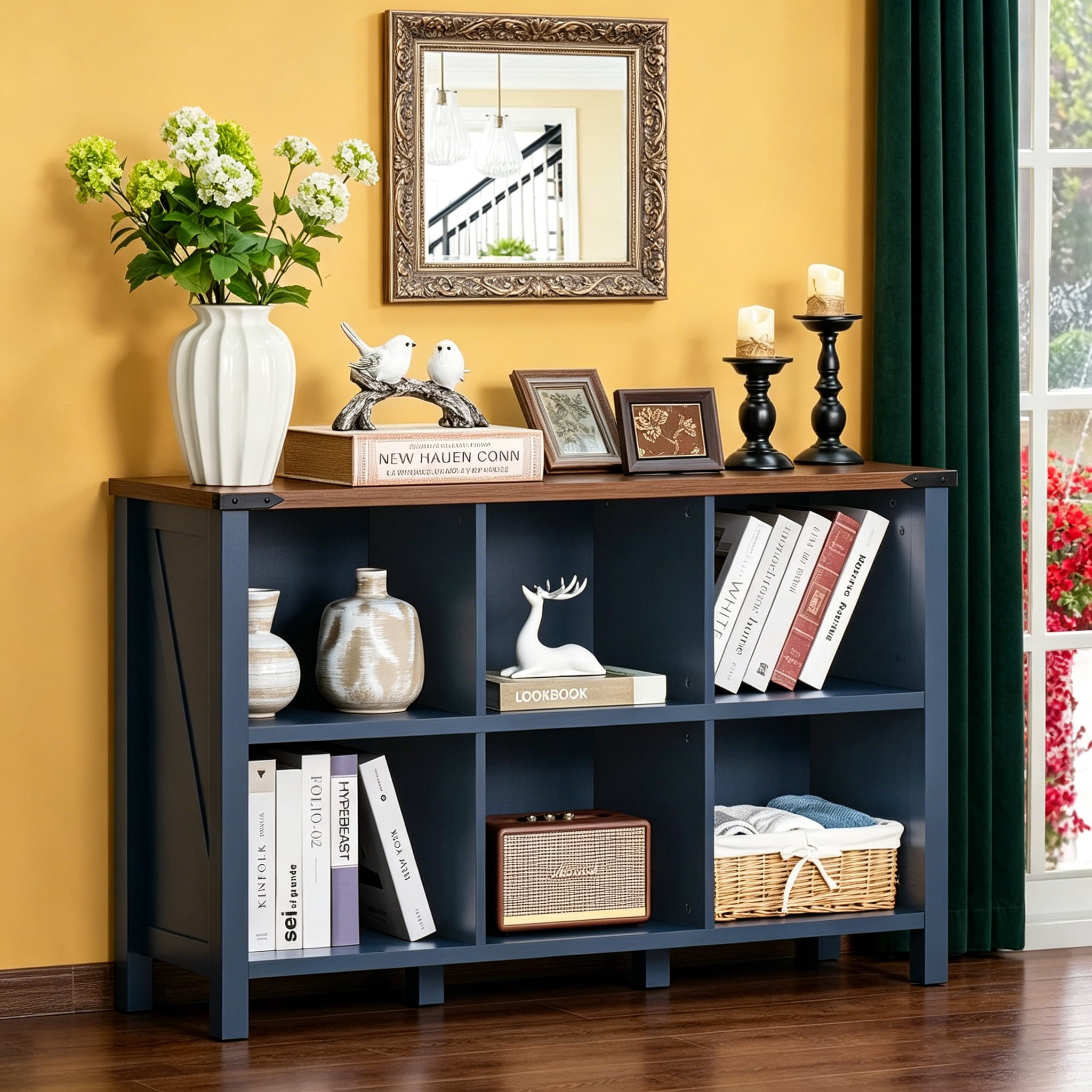 Joaxswe 6-Cube Storage Organizer, 3-Tier Farmhouse Bookshelf, Wood Display Bookcase for Living Room, Bedroom, Office, Navy Blue