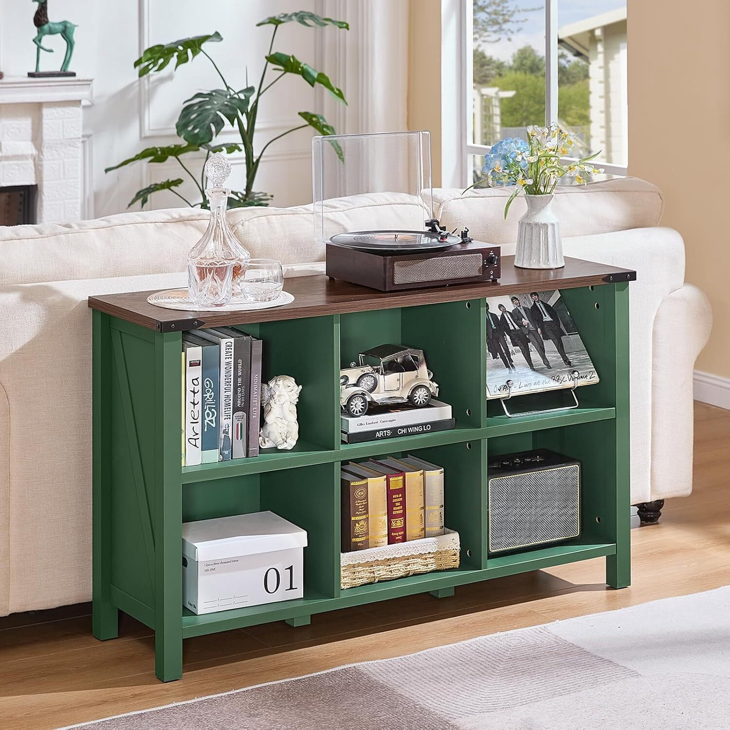Joaxswe 6 Cube Storage Organizer, Farmhouse Green 47.2'' Wide 2 Tier Display Book Shelf, Wooden Cube Bookcase for Living Room, Bedroom, Office