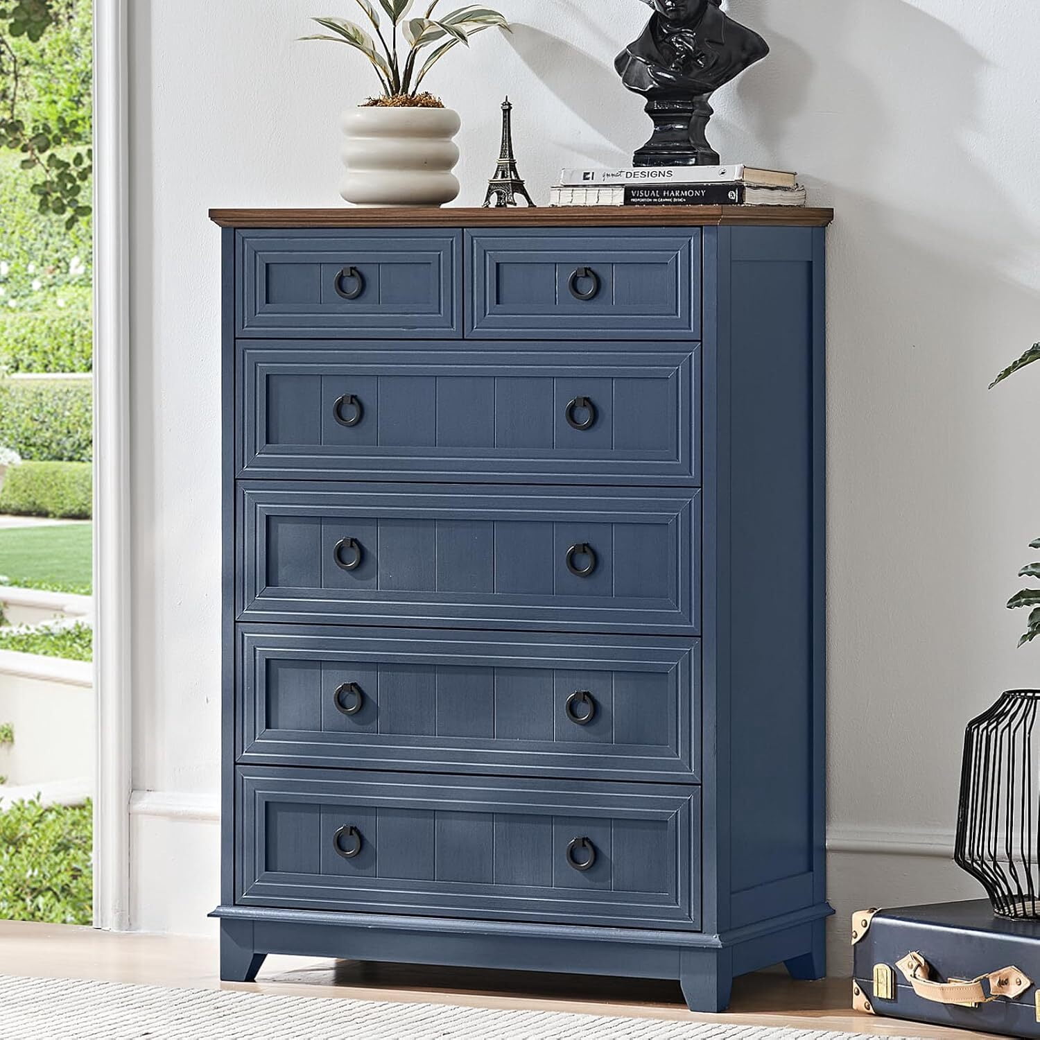 blue small dresser Joaxswe 6 Drawer Dark Bedroom Dresser, Modern Tall Drawers Wood Organizer for Living Room Entryway Spaces end painted surface delivers Category_Skirts and Dresses All Black Suit Black Color:White Sealace