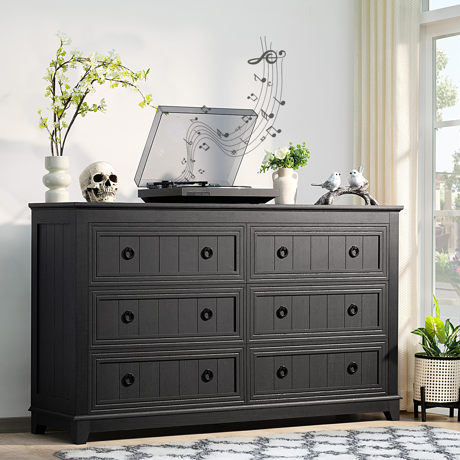Joaxswe 6 Drawer Dresser, Mid Century Modern Dresser with Storage, 54" Wide Chest of Drawers with Wood Grain Texture for Bedroom, Living Room, Hallway, Black