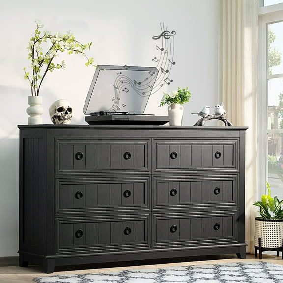 Joaxswe 6 Drawer Dresser, Mid Century Modern Dresser with Storage, 54" Wide Chest of Drawers with Wood Grain Texture for Bedroom, Living Room, Hallway, Black