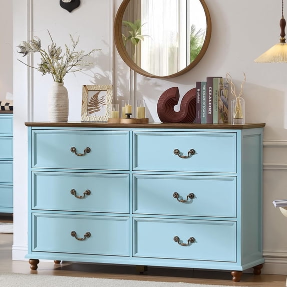 Joaxswe 6 Drawers Dresser for Bedroom, 54" Wide Wood Chest of Drawers w/Antique Brass Tone Handle, for Bedroom, Living Room, Light Blue