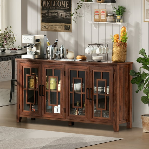 Joaxswe 63" Farmhouse Kitchen Buffet Storage Cabinet, 4-Doors Wood Sideboard Credenza with Adjustable Shelves, Brown