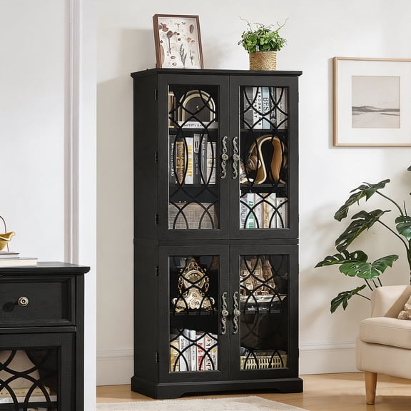 Joaxswe 67" Tall Bookshelf, Vintage Rustic Bookcase with Tempered Glass Doors, 5-Tier Display Cabinet for Living Room, Black