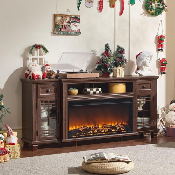 Joaxswe 70-Inch TV Stand with 36.5" Electric Fireplace, Entertainment Center For TVs Up To 80", Storage Cabinet with Glass Door for Living Room, Bedroom, Walnut