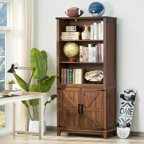 Joaxswe 70" Tall Bookcases with X-cross Front Doors, 5 Tier Wooden Storage Bookshelf for Living Room Home Office, Brown