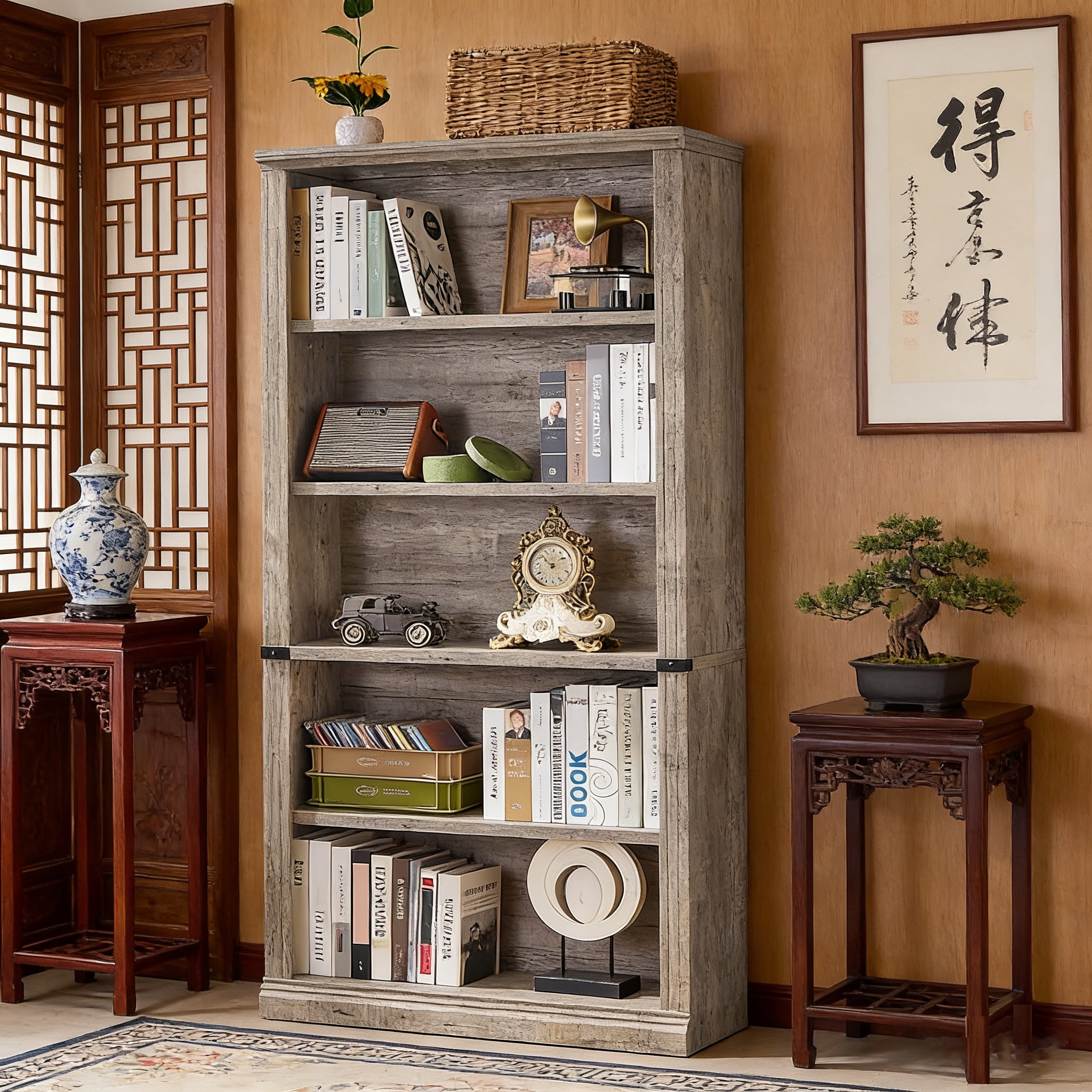 Joaxswe 70" Tall Corner Bookcase, 5 Tier Open Large Display Bookshelf with Clean Line for Living Room Home Office Study, Grey
