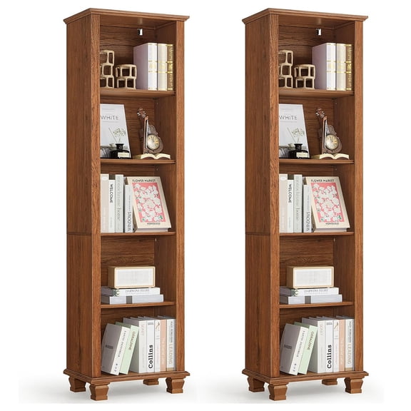 Joaxswe 70" Tall Narrow Bookcase Set of 2, 5 Tiers Open Adjustable Shelf and Wooden Legs for Home Office, Brown