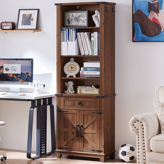 Joaxswe 72" Tall Bookcases, Freestanding Display Storage Shelves, 4-Tier Open Bookshelf with Cabinet for Home Office Living Room Bedroom, Brown