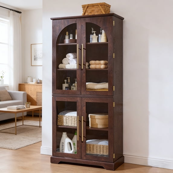 Joaxswe 72" Tall Bookshelf, Display Cabinet with Arched Glass Door, Bookcase Storage Pantry with Adjustable Shelves for Living Room, Office, Walnut